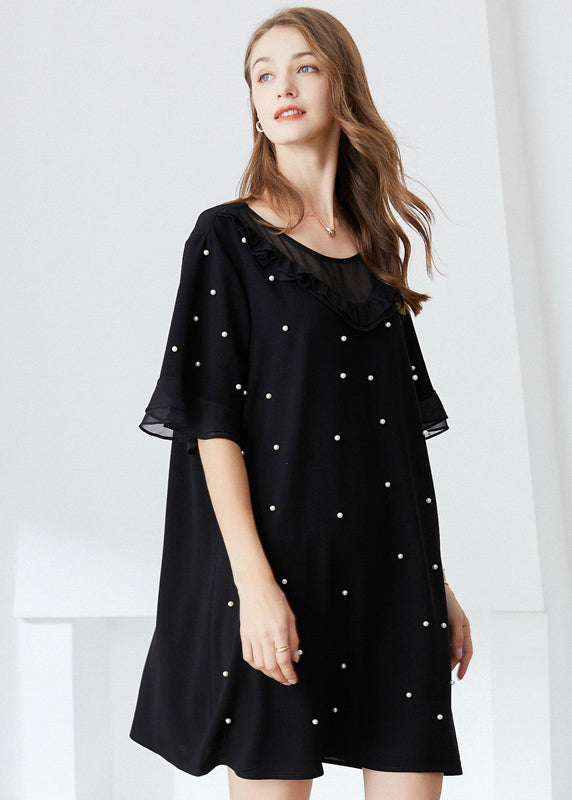 French Black Ruffled Nail Bead Chiffon Dresses Butterfly Sleeve