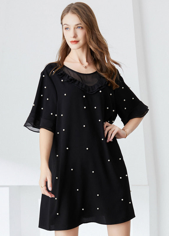 French Black Ruffled Nail Bead Chiffon Dresses Butterfly Sleeve