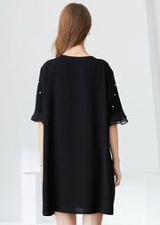 French Black Ruffled Nail Bead Chiffon Dresses Butterfly Sleeve