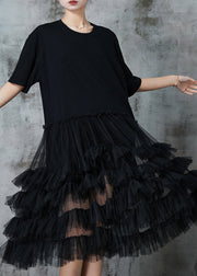 French Black Ruffled Patchwork Cotton Maxi Dress Summer