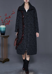 French Black Ruffled Patchwork Jacquard Fine Cotton Filled Trench Spring