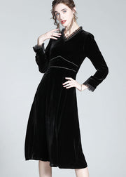 French Black Ruffled Patchwork Zircon Silk Velour Dress Spring