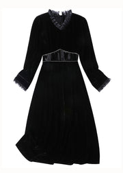 French Black Ruffled Patchwork Zircon Silk Velour Dress Spring