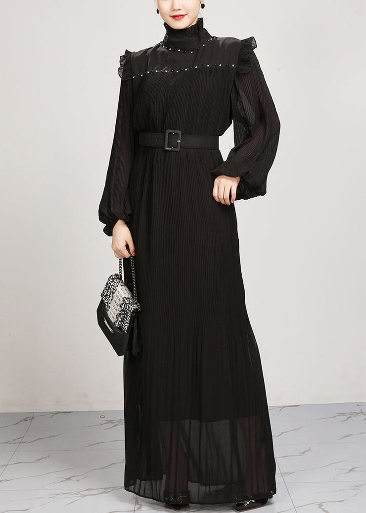 French Black Ruffled Solid Chiffon Maxi Dresses Fall