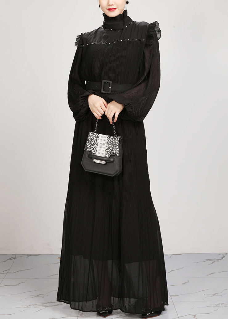 French Black Ruffled Solid Chiffon Maxi Dresses Fall