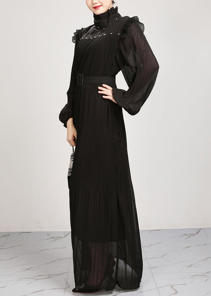 French Black Ruffled Solid Chiffon Maxi Dresses Fall