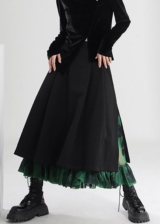 French Black Side Open Tulle Patchwork Skirts Spring