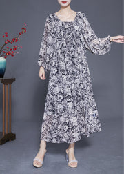 French Black Square Collar Oversized Print Chiffon Long Dress Lantern Sleeve