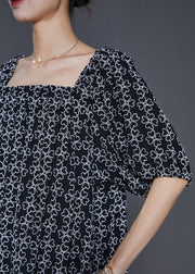 French Black Square Collar Print Cotton Dress Summer