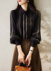 French Black Stand Collar Striped Silk Shirt Top Long Sleeve