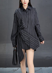 French Black Striped Button Bow Cotton Shirts Fall