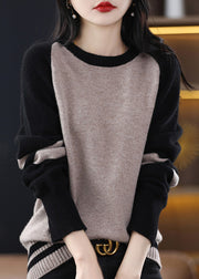 French Black Striped Patchwork Cashmere Knit Sweater Fall