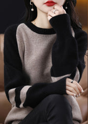 French Black Striped Patchwork Cashmere Knit Sweater Fall