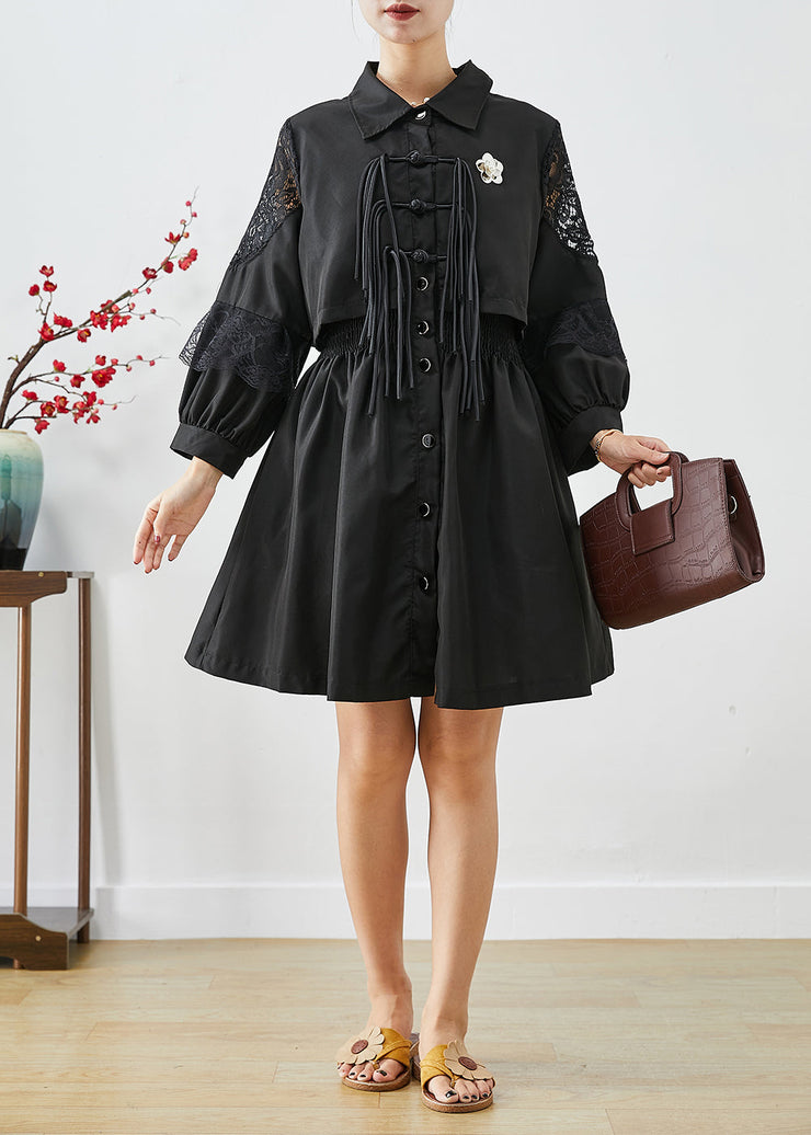 French Black Tasseled Cinched Patchwork Cotton Fake Two Piece Shirt Dresses Fall