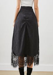 French Black Tasseled Patchwork Lace Silk Skirt Fall