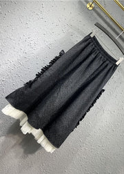 French Black Tulle Patchwork Ruffled Elastic Waist Maxi Skirts