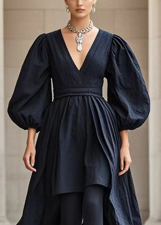 French Black V Neck Asymmetrical Cotton Dress Puff Sleeve