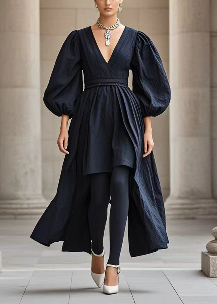 French Black V Neck Asymmetrical Cotton Dress Puff Sleeve