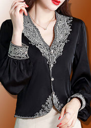 French Black V Neck Embroideried Chiffon Blouses Long Sleeve