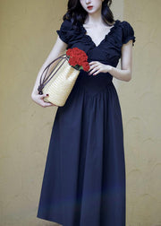 French Black V Neck Ruffled Puff Sleeve Cotton Dress