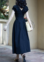 French Black V Neck Ruffled Puff Sleeve Cotton Dress