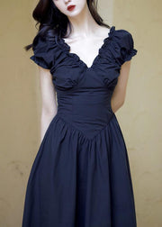 French Black V Neck Ruffled Puff Sleeve Cotton Dress