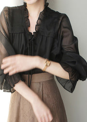 French Black V Neck Ruffled Solid Silk Shirts Spring