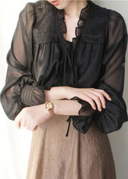 French Black V Neck Ruffled Solid Silk Shirts Spring