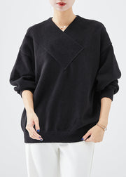 French Black V Neck Thick Knit Top Winter