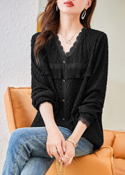 French Black V Neck Wrinkled Patchwork Chiffon Top Fall