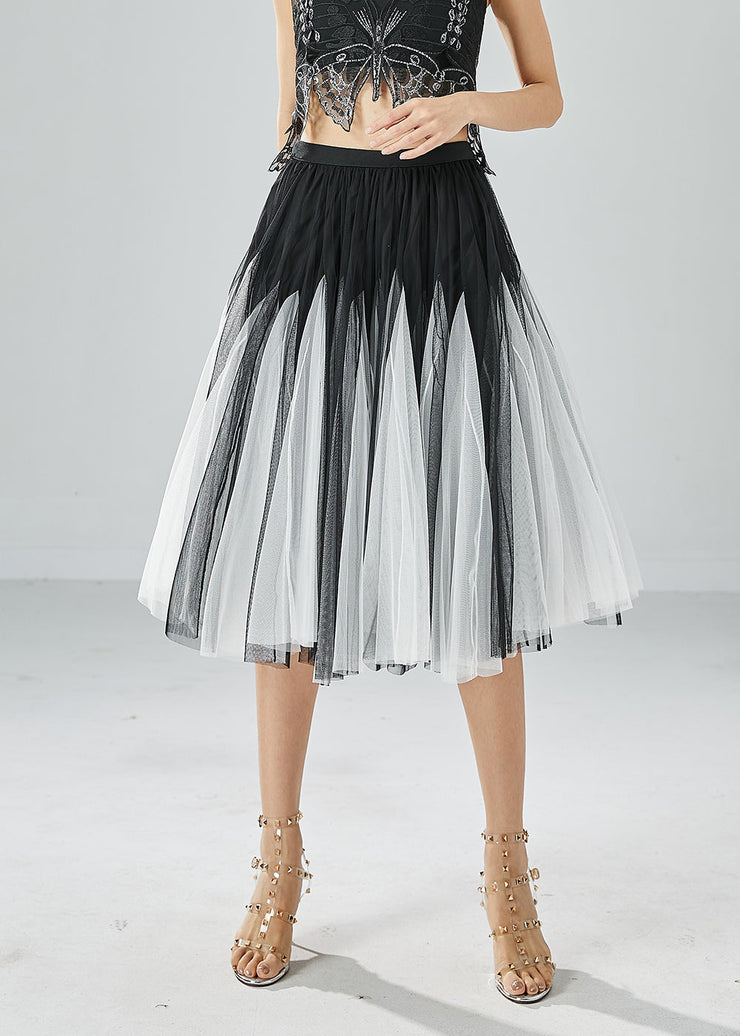 French Black White Patchwork Exra Large Hem Tulle Pleated Skirts Summer