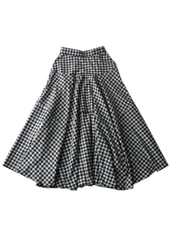 French Black White Plaid Wrinkled Patchwork Cotton Skirts Summer