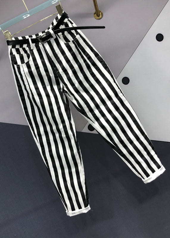 French Black White Striped Pockets Patchwork Denim Pants Fall