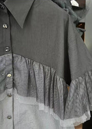 French Black Wrinkled Button Tulle Patchwork Shirt Summer