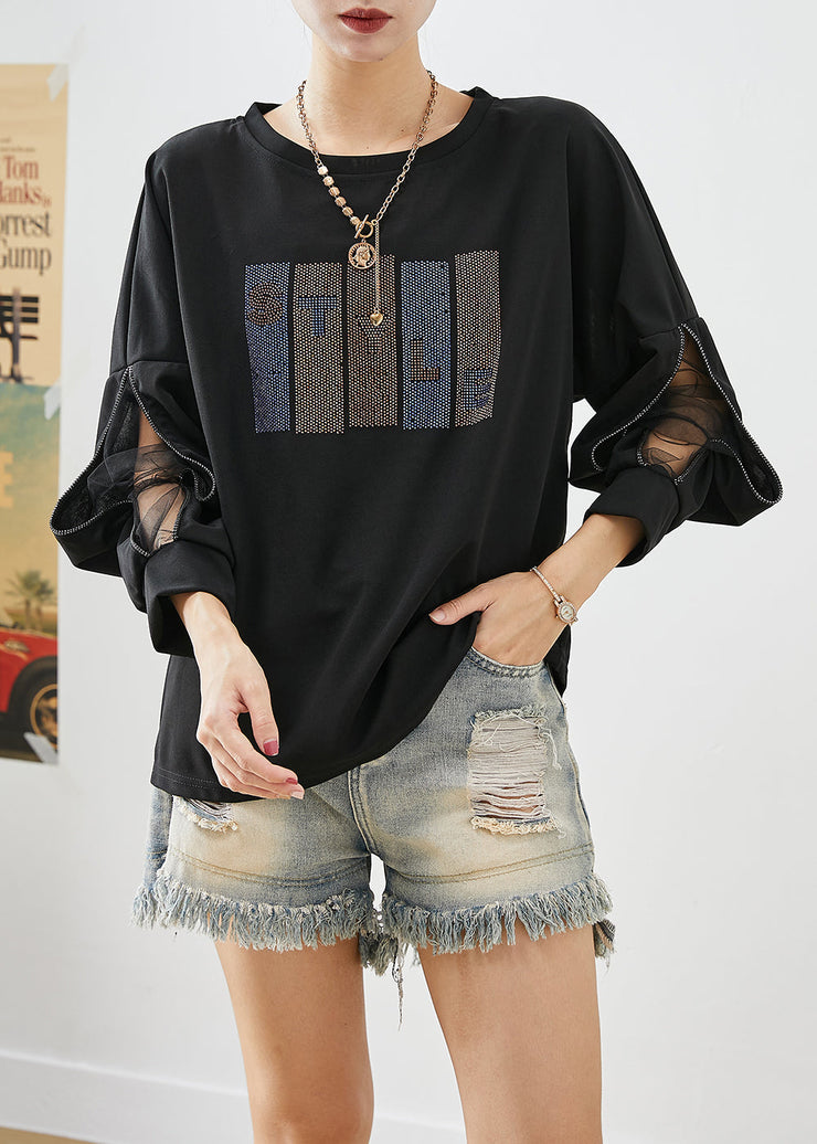 French Black Zircon Patchwork Cotton Sweatshirt Tops Fall