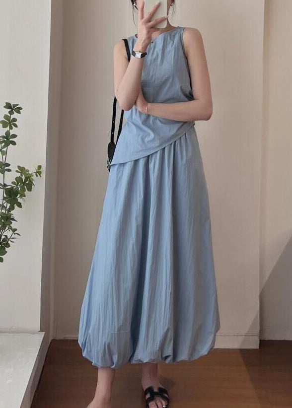 French Blue Asymmetrical Cotton Two Pieces Set Summer