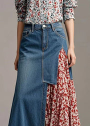 French Blue Asymmetrical Patchwork Denim Skirt Spring