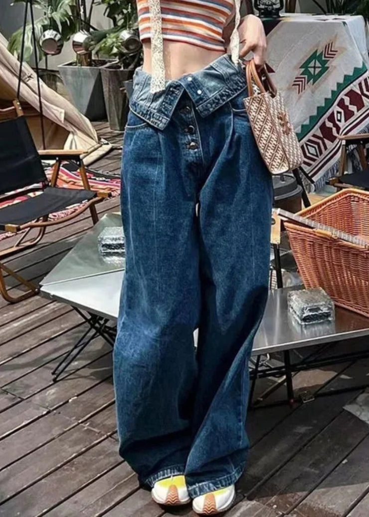 French Blue Button High Waist Denim Pants Summer