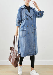 French Blue Double Breast Tie Waist Denim Trench Fall