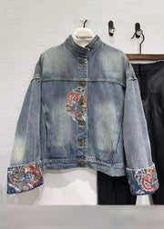 French Blue Embroidered Button Denim Coats Spring