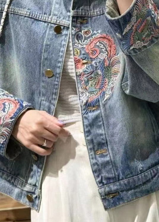 French Blue Embroidered Button Denim Coats Spring