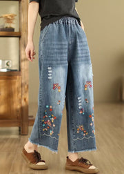 French Blue Embroidered Elastic Waist Denim Crop Pants Summer