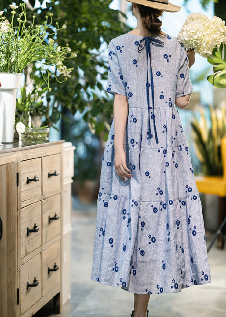 French Blue Embroidered Lace Up Pockets Linen Dress Summer