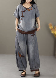 French Blue Embroidered Pockets Patchwork Denim Two-Piece Set Summer