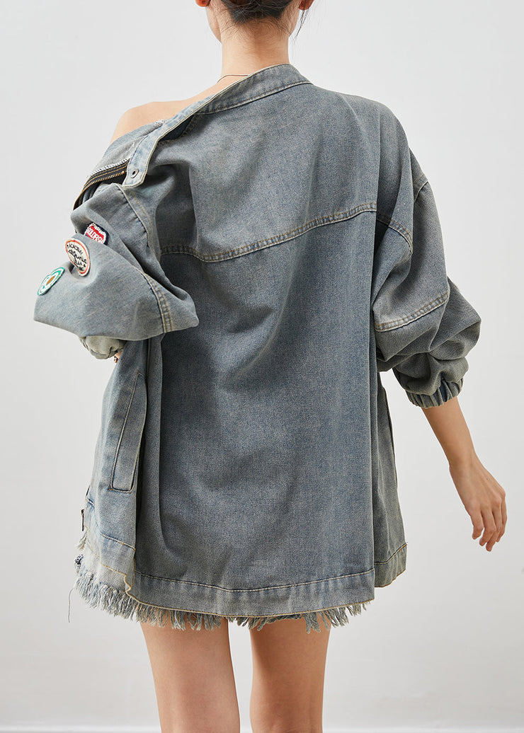 French Blue Embroidered Applique Denim Coats Fall