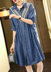 French Blue Embroideried Patchwork Lace Denim Dress Summer