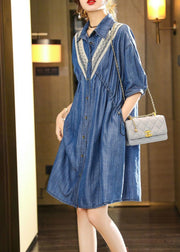 French Blue Embroideried Patchwork Lace Denim Dress Summer