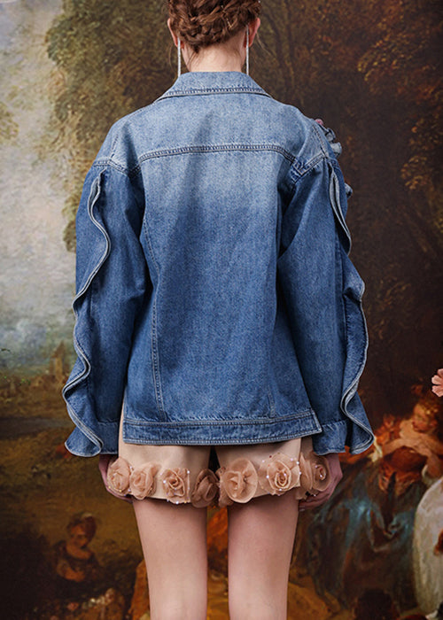 French Blue Embroidered Ruffled Patchwork Denim Coats Spring