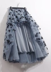 French Blue Floral Elastic Waist Tulle Skirts Summer