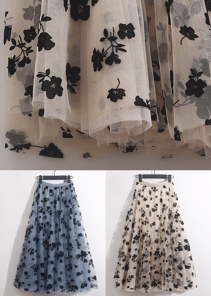 French Blue Floral Elastic Waist Tulle Skirts Summer